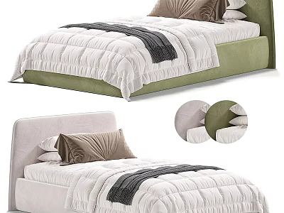 Double Bed With Green And Beige Upholstered Headboard White Quilt Grey Blanket And Pillows 3d model