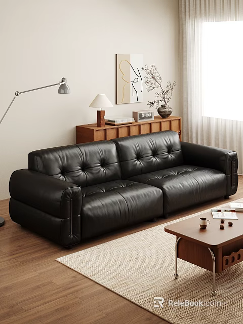 Stylish Black Leather Leisure Sofa Set in Modern Living Room with Wooden Elements 3d model 