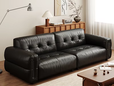 Stylish Black Leather Leisure Sofa Set in Modern Living Room with Wooden Elements 3d model
