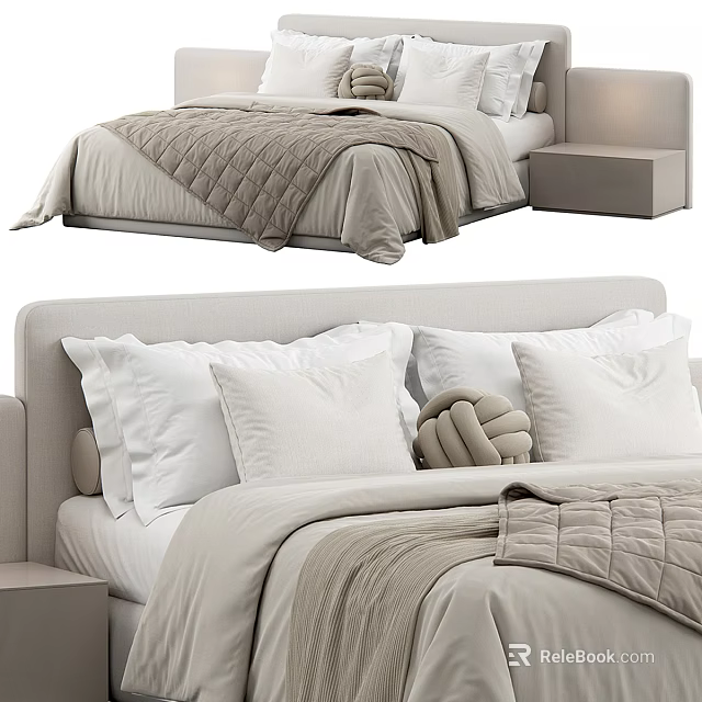 Modern Double Bed With Beige Quilt White Pillows Decorative Knot Pillow And Upholstered Headboard 3d model 