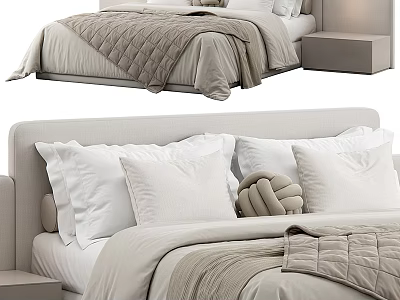Modern Double Bed With Beige Quilt White Pillows Decorative Knot Pillow And Upholstered Headboard 3d model