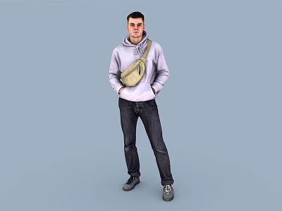 Man In Gray Hoodie With Beige Crossbody Bag Black Jeans And Gray Shoes 3d model