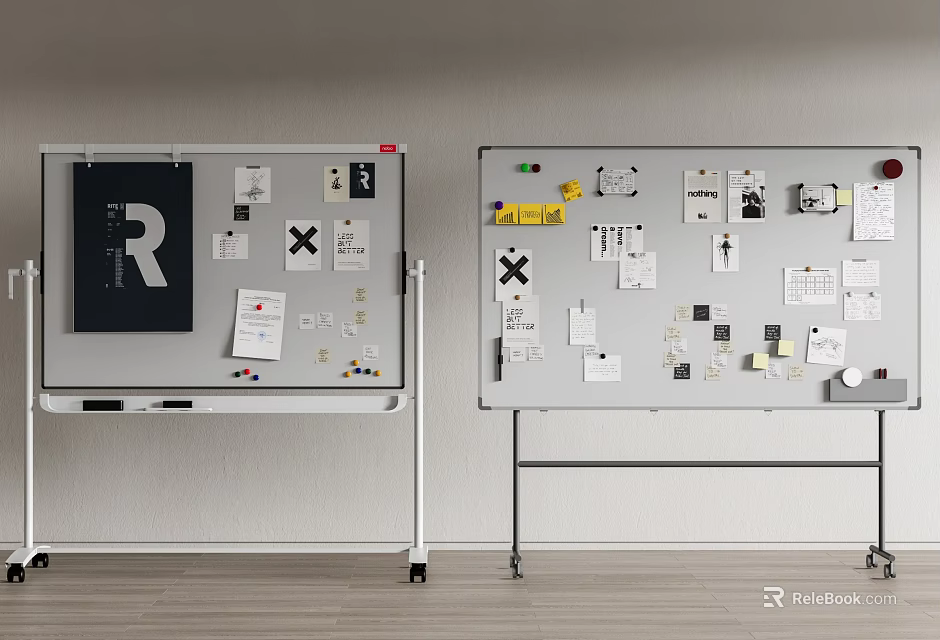 Modern Office Desk With Whiteboard Panels Sticky Notes And Paper Notes 3d model 