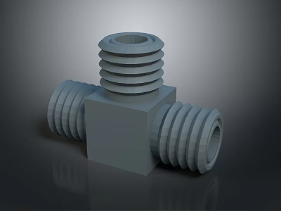 Gray Three Way Pipe Fitting With Threaded Connections And Square Body 3d model