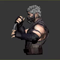 Gray Haired Male Character Bust Wearing Black Mask And Dark Striped Outfit Holding Dagger