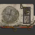 Rusty Air Conditioner Fan With Metal Grille Exposed Wires And Warning Labels On Base