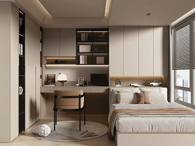 Modern Tatami Bedroom With Built in Bookshelves Desk Chair And Window Blinds 3d model