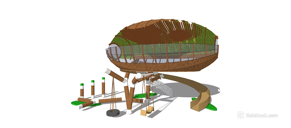 Wooden Outdoor Play Equipment With Treehouse Platform Climbing Poles And Swings 3d model 