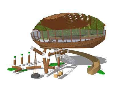 Wooden Outdoor Play Equipment With Treehouse Platform Climbing Poles And Swings 3d model