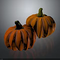 Two Fresh Orange Pumpkins With Green Stems On Black Background And Reflection