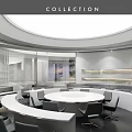 Modern Reception Desk With Curved Design Black Accent Wall White Sofa Round Coffee Table