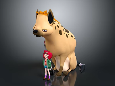 Cartoon Style Hyena Sculpture With Red Haired Girl Figure Standing Beside 3d model