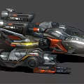 Futuristic Sci Fi Vehicle With Mechanical Structure Orange Black Color Glowing Lights And Weaponry
