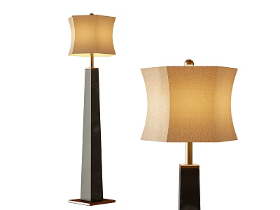 Two Modern Floor Lamps With Beige Fabric Shades And Black Gold Bases 3d model