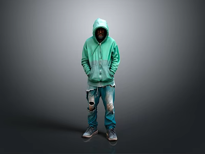 Man in Green Hoodie and Ripped Jeans Standing Against Gray Background with Sneakers 3d model