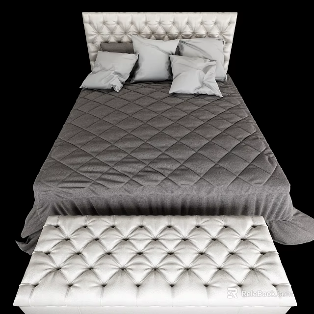 Modern Double Bed With Quilted Gray Bedspread Pillows And Tufted Bench 3d model