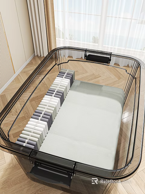 Daily Use Baby Cot With Transparent Guardrail Soft Mattress And Folded Towels 3d model 