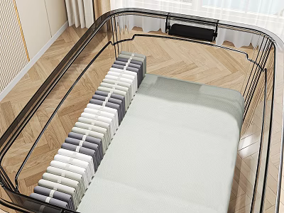 Daily Use Baby Cot With Transparent Guardrail Soft Mattress And Folded Towels 3d model