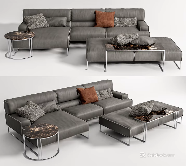 Gray Leather Sofa Ottoman Coffee Table Set With Brown Gray Cushions Marble Top Metal Frames 3d model 