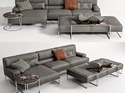 Gray Leather Sofa Ottoman Coffee Table Set With Brown Gray Cushions Marble Top Metal Frames 3d model