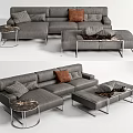 Gray Leather Sofa Ottoman Coffee Table Set With Brown Gray Cushions Marble Top Metal Frames