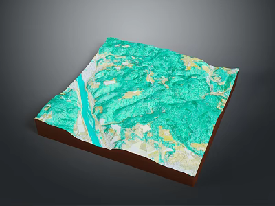 3D Topographic Landscape Model With Green Vegetation Yellow Terrain And Blue River 3d model