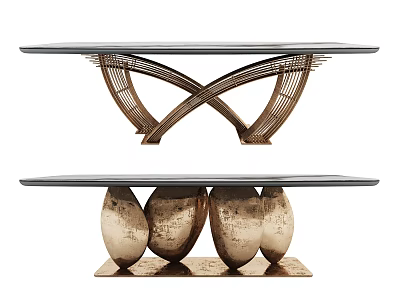 Modern Dining Table Featuring Cross Woven And Egg Shaped Metal Bases With Glass Tops 3d model