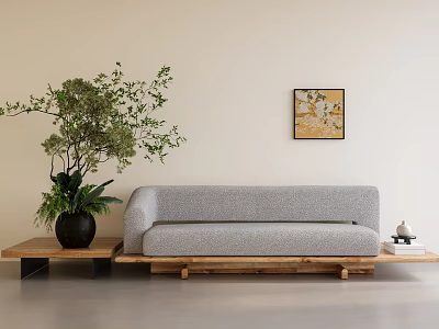 Light Gray Sofa Set with Wooden Coffee Table Black Planter Greenery and Wall Art 3d model