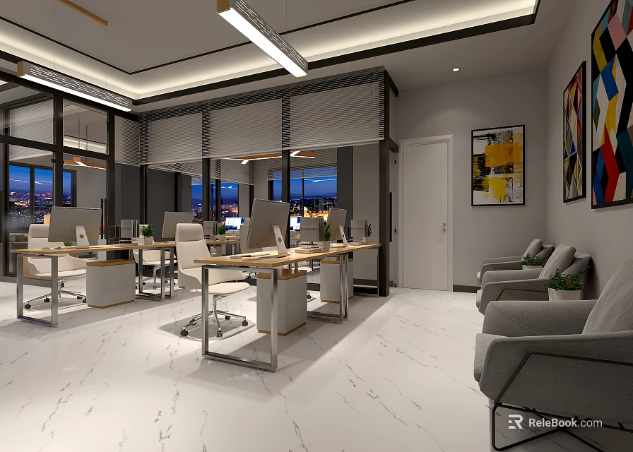 Modern Public Office Space With Desks Computers Sofa Seating Marble Flooring And Decorative Paintings 3d model 