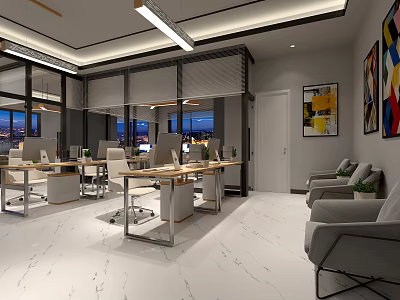 Modern Public Office Space With Desks Computers Sofa Seating Marble Flooring And Decorative Paintings 3d model