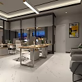 Modern Public Office Space With Desks Computers Sofa Seating Marble Flooring And Decorative Paintings