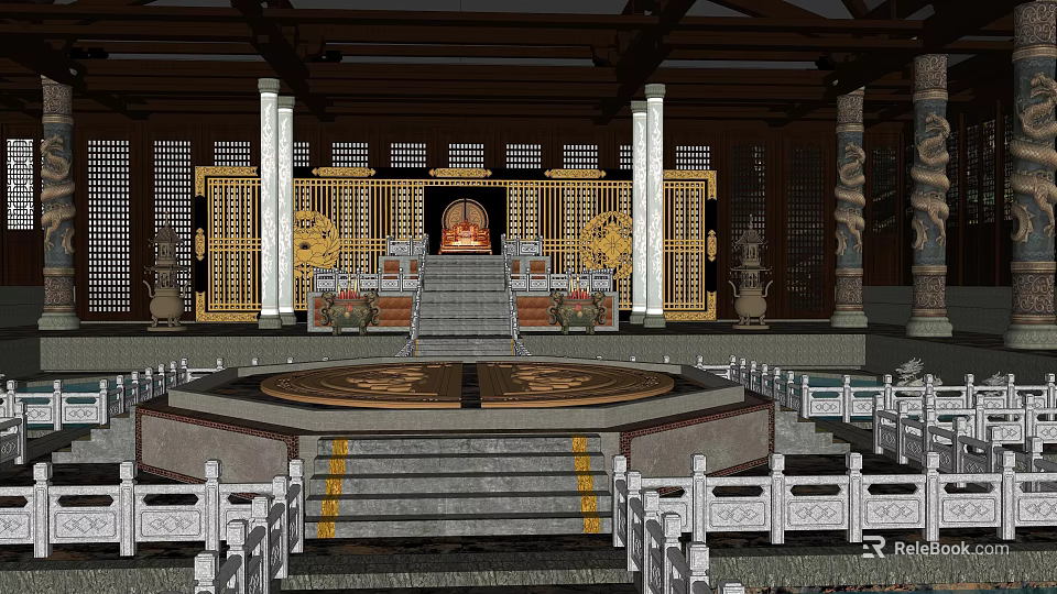 Ancient Architecture Interior With Golden Carved Doors Imperial Throne And Stone Steps 3d model 