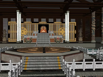 Ancient Architecture Interior With Golden Carved Doors Imperial Throne And Stone Steps 3d model