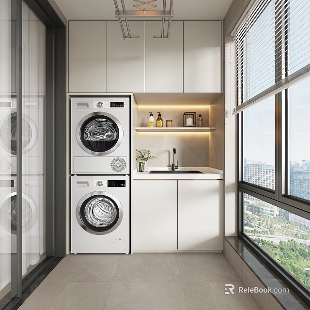 Home Balcony Featuring Stacked Washing Machines White Cabinets Sink Window City View And Green Plants 3d model 