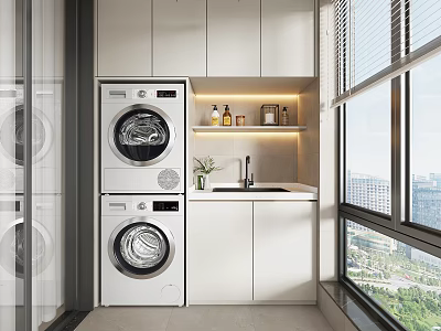 Home Balcony Featuring Stacked Washing Machines White Cabinets Sink Window City View And Green Plants 3d model
