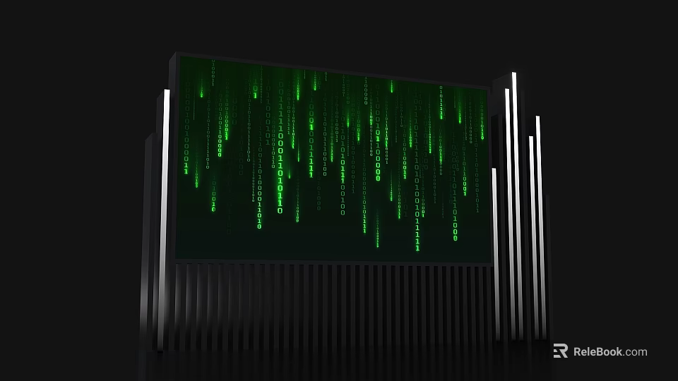Tech Savvy Check in Display System Featuring Green Digital Rain And Silver Strips 3d model 