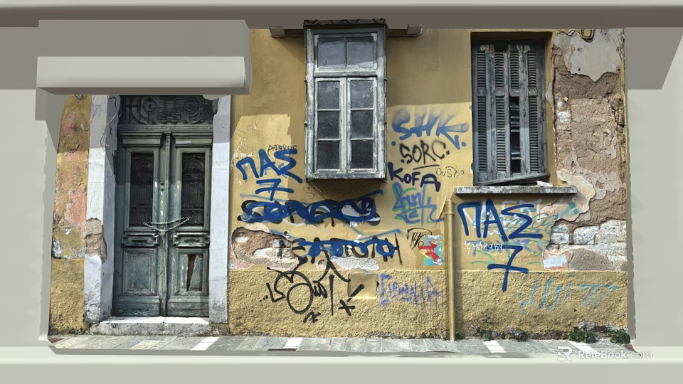 Old Building Exterior With Yellow Wall Old Door Windows And Colorful Graffiti 3d model 
