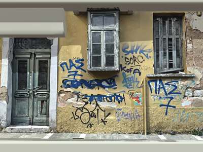 Old Building Exterior With Yellow Wall Old Door Windows And Colorful Graffiti 3d model