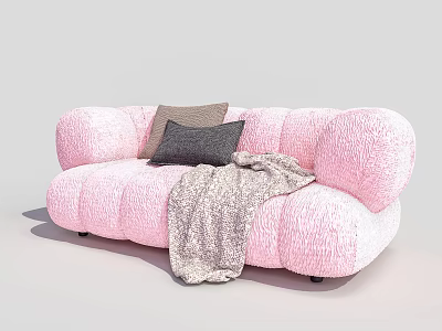 Cozy Pink Two Seater Sofa with Plush Texture Soft Pillows and Warm Blanket 3d model