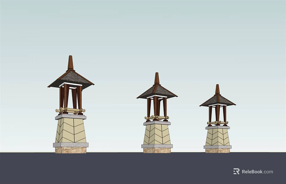 Traditional Pagoda style Outdoor Lights with Stone Tower Base and Wooden Structure 3d model 