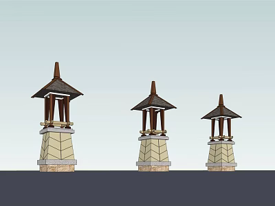 Traditional Pagoda style Outdoor Lights with Stone Tower Base and Wooden Structure 3d model