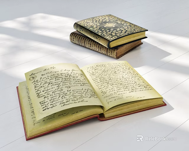 Open Vintage Book With Handwritten Notes And Stacked Antique Books On White Surface 3d model 