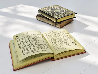 Open Vintage Book With Handwritten Notes And Stacked Antique Books On White Surface 3d model