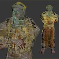 Armored Warrior Character in Silver Armor with Golden Accents Red Cape Front and Back View Designs