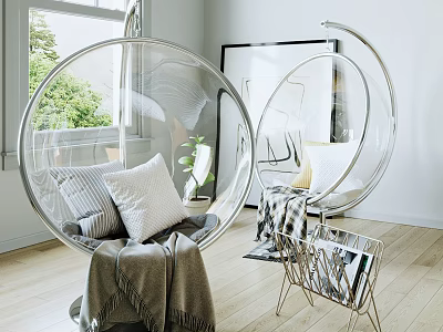 Acrylic Bubble Hanging Chairs In Modern Living Room With Pillows And Blanket 3d model