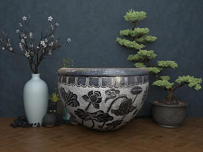 Decorative Interior With Large Lotus Pattern Jar White Vase And Bonsai Tree 3d model