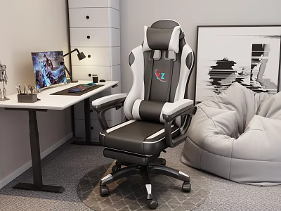 Ergonomic Black White Desk And Gaming Chair Set With Computer Lamp Stationery Modern Room 3d model