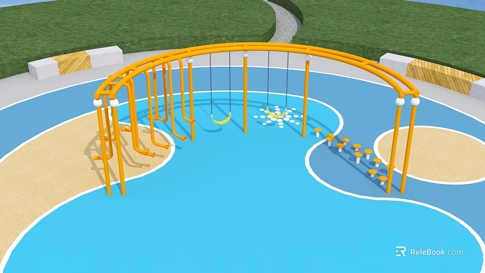 Outdoor Playground Equipment With Yellow Swings Climbing Frames And Blue Ground 3d model 