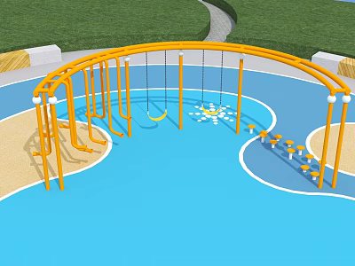 Outdoor Playground Equipment With Yellow Swings Climbing Frames And Blue Ground 3d model