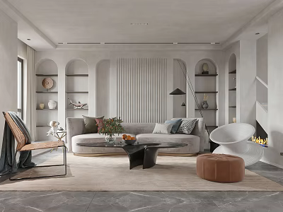 Modern Cozy Neutral Living Room With Curved Sofa And Exquisite Built In Display Shelves 3d model